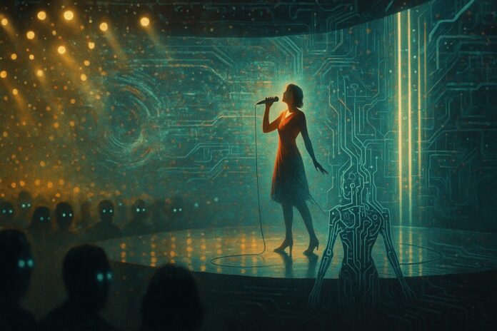 ai music A surreal, stylised stage scene blending human and machine elements. A futuristic Eurovision-style performance setting: glittering lights, dramatic LED screens, and a lone singer on stage whose shadow morphs into robotic circuitry. In the audience, blurred outlines of people watch with glowing eyes, blending humanity and technology. The background hints at digital distortion, wires, and algorithmic shapes creeping across the set. Mood is cinematic and thought-provoking, with contrasts between organic warmth and cold precision.