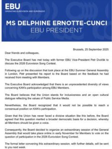 EBU letter sent on 25 September to members regarding a vote on participation by Israeli broadcaster Kan in the 2026 Eurovision Song Contest.